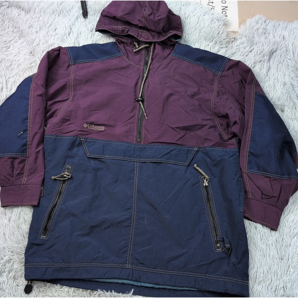 Vintage Columbia Anorak Jacket Mens Small Purple Blue Colorblock Hooded Half Zip